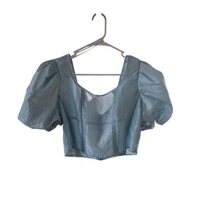 Light Blue Puff Sleeve Square Neck Corset Crop Top Zipper Front‎